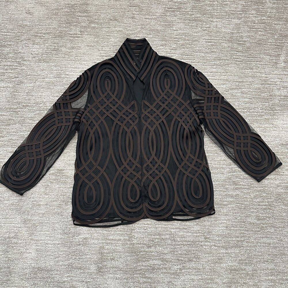 Chicos Travelers Jacket Womens 2 (12/14) Brown Black Abstract Swirls Mesh